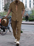 Men's casual loose fit short sleeve shirt and trousers beach suit set in cotton blend, multiple colours