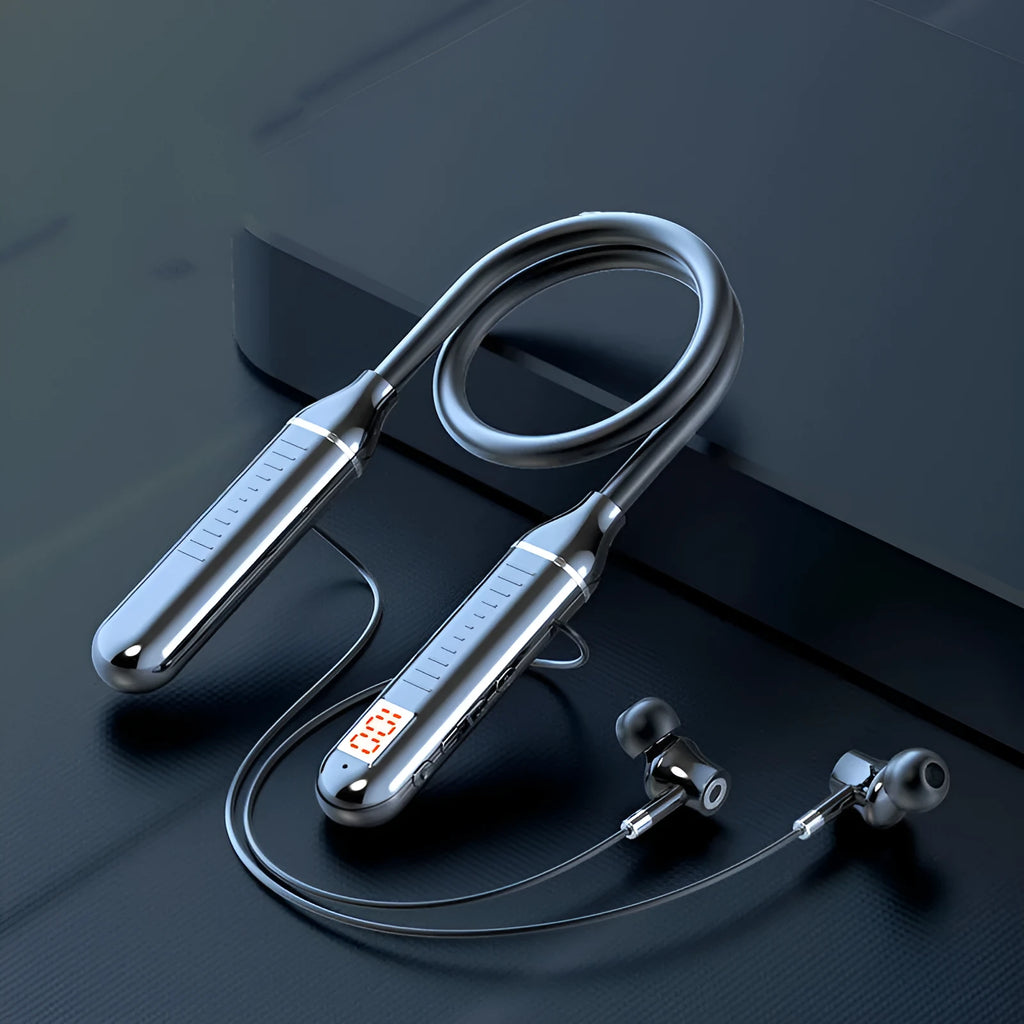 Black neck-hanging wireless sports headset with earpieces and a visible power display card on the band.