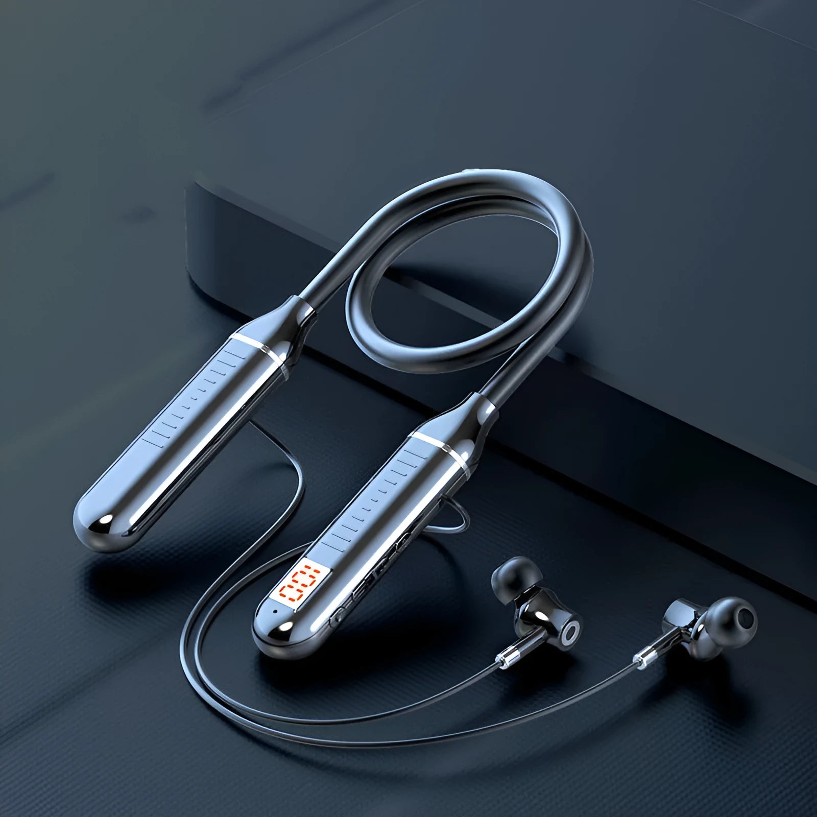 Black neck-hanging wireless sports headset with earpieces and a visible power display card on the band.