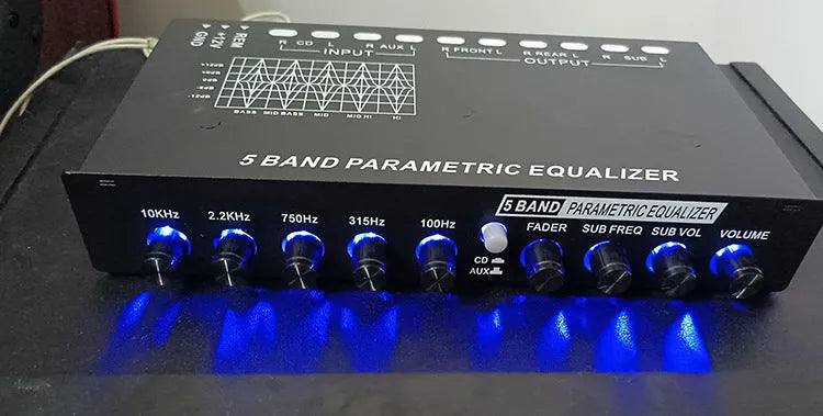 Car audio EQ equaliser unit with front panel controls for frequency and subwoofer volume adjustment