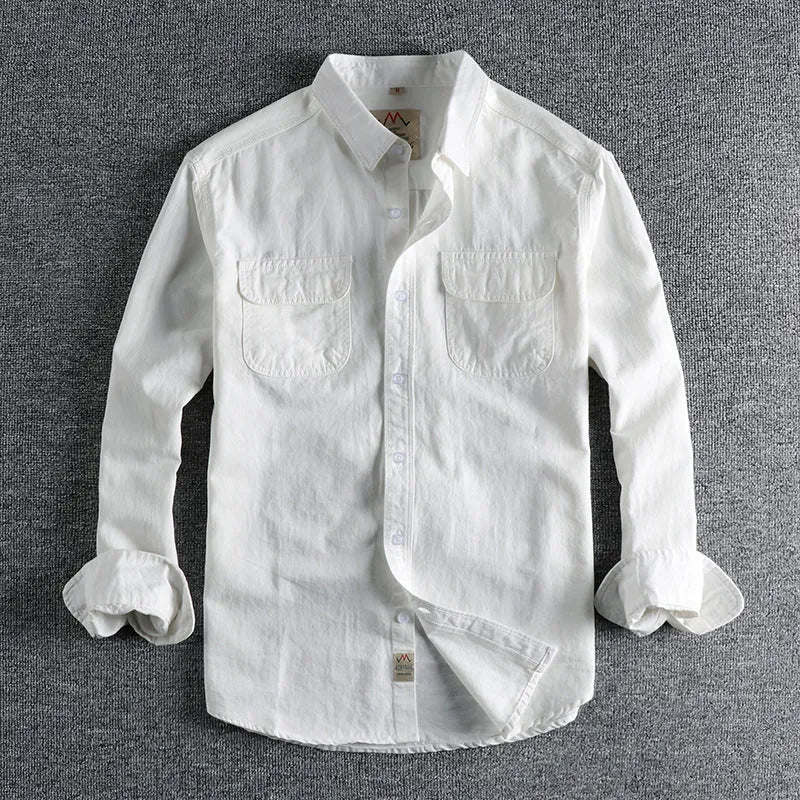 Men's solid colour cotton long sleeve shirt in cardigan style shown in light blue and white options