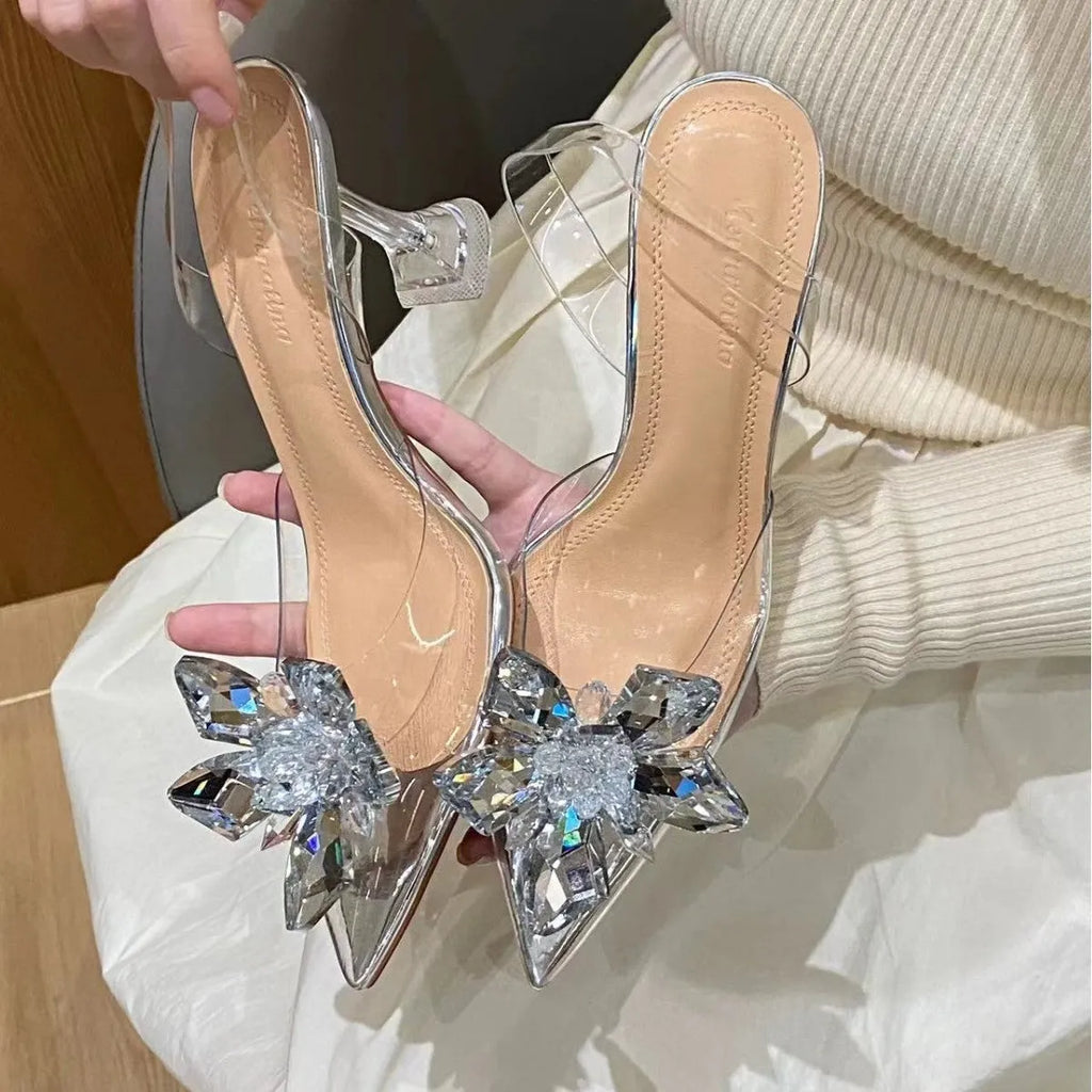 Women's high heels with transparent crystal flower decoration and pointed toe in microfiber