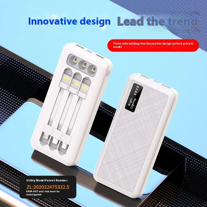 Power bank with detachable cable and light display, black PVC shell, 10000mAh capacity