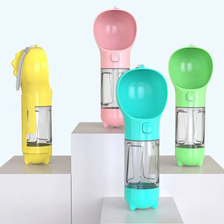 Portable 3-in-1 dog water bottle with poop dispenser and treat holder, 300ml capacity in aquamarine