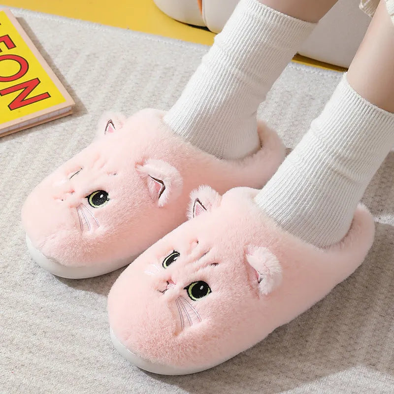 Cotton couple Kitty cartoon velvet warm slippers with non-slip TPR sole in pink