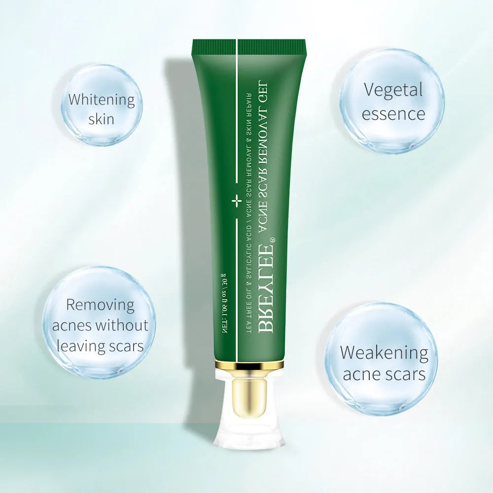 Green tube of acne scar removal gel with tea tree oil, 30g size, on white background