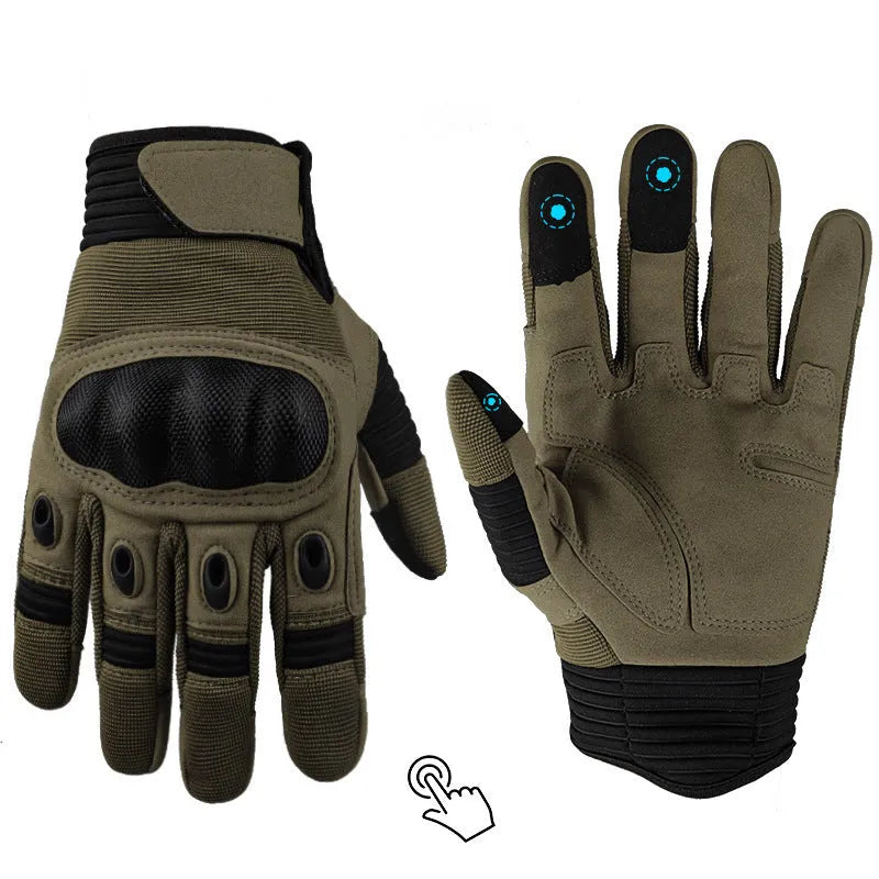 Touch screen tactical full finger motorbike gloves in knitted fabric, shown in black, grey-brown and army green.