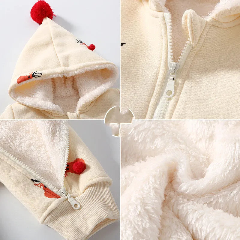 Khaki baby crawling suit with padding, featuring a Christmas moose pattern, shown on a size chart.