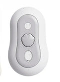 A handheld grey cat grooming massage comb with a brush head and built-in spray nozzle.