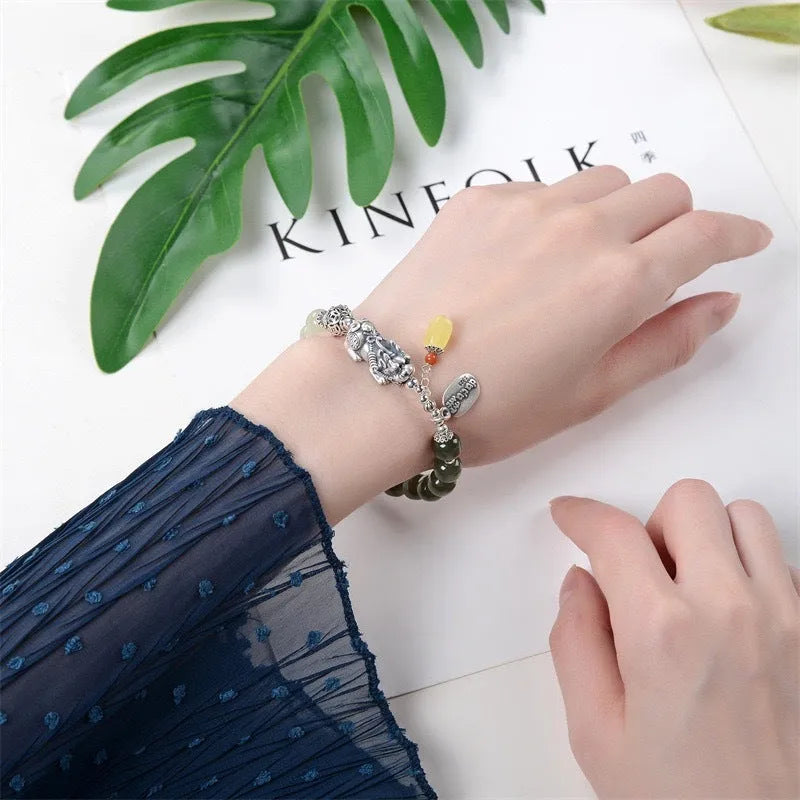 Women's pure silver coin bracelet with natural Hetian jade beads in retro style