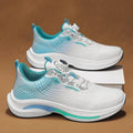 Men's white and blue low-top mesh sneaker with a rotating buckle and rubber sole.