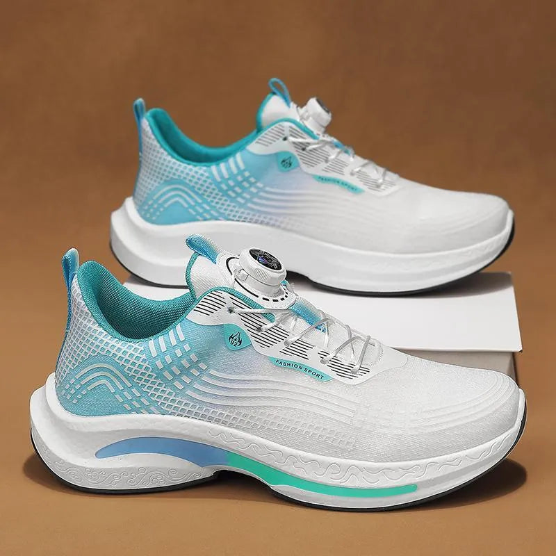 Men's white and blue low-top sneaker with a rotating buckle and mesh upper on a rubber sole.
