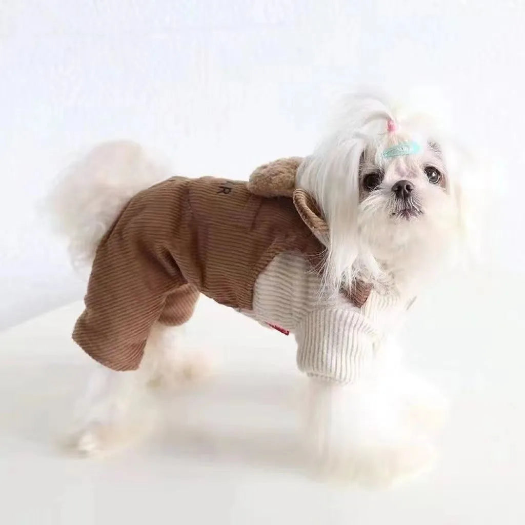 Dog wearing fleece-lined thick style four-legged overalls in light brown polyester fabric