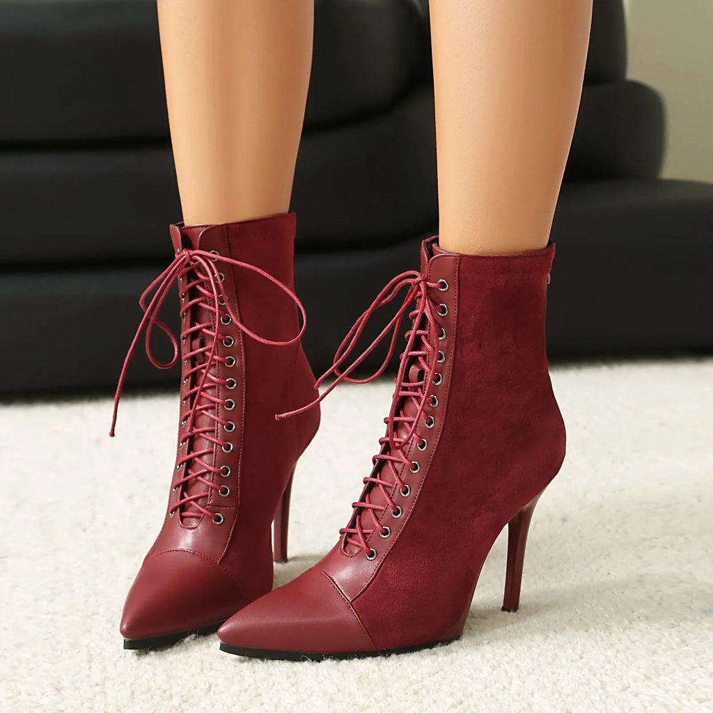 Women's suede drawstring patchwork knight boots with stiletto heel and back zipper