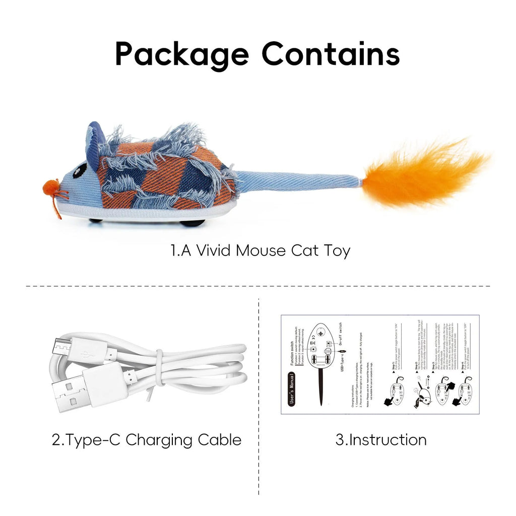 Electronic moving mouse cat toy with feather tail in blue or yellow colours, showing 18cm dimensions