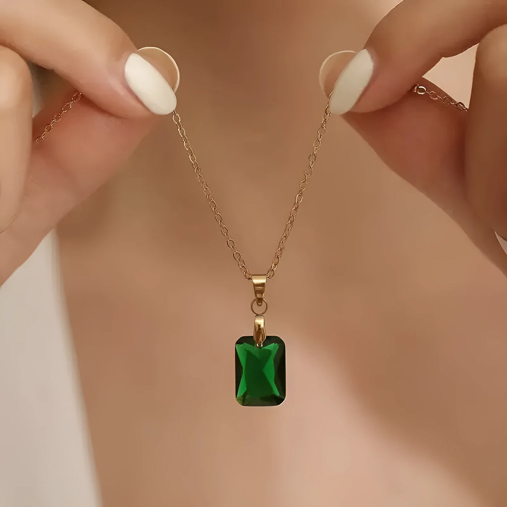 Copper rectangular geometric pendant necklace with green finish on O-ring chain