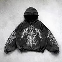 Hooded printed cotton sweatshirt in black or grey with hand-painted pattern, streetwear hip hop style, sizes M to XXL