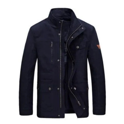 Men's cotton stand collar mid-length multi-pocket jacket in dark blue and khaki