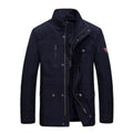 Men's cotton stand collar mid-length multi-pocket jacket in dark blue and khaki