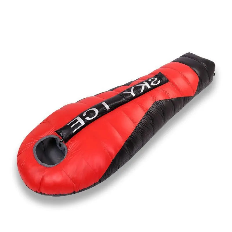 Lightweight goose down sleeping bag in mummy style, 20D nylon shell, Black Red colour, on a camping trip