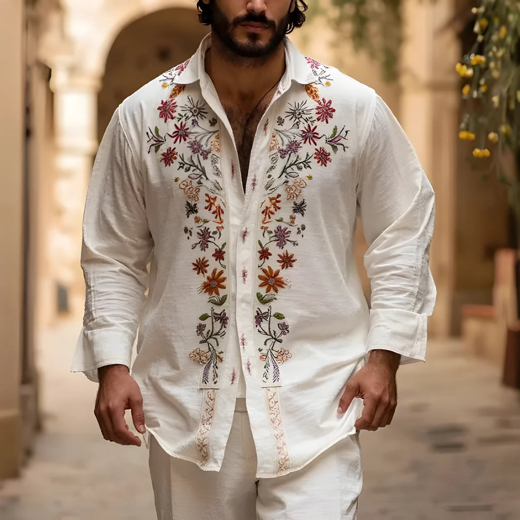 Men's loose-fit cardigan with long sleeves and a retro 3D printed pattern, shown in colour CXCS55281650.