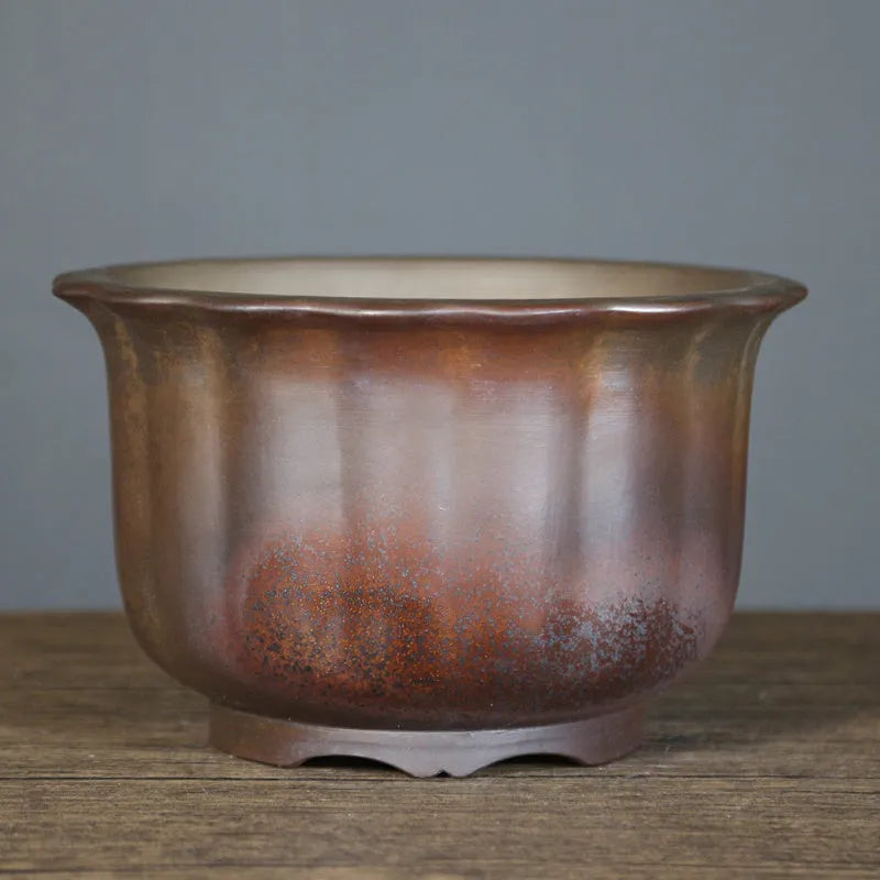 Large antique carved purple sand ceramic flower pot with wood-burning finish for indoor bonsai.
