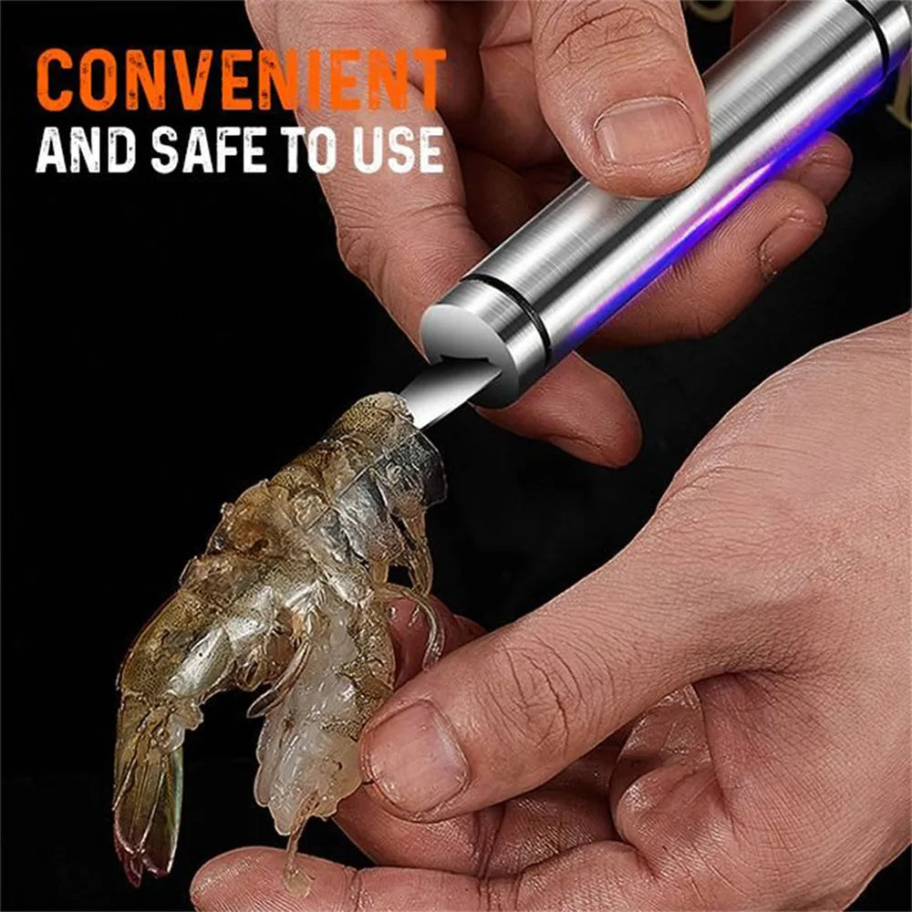 Multifunctional 304 stainless steel shrimp remover knife with eagle-beak tip and double row blades for peeling shrimp, splitting fish and scaling