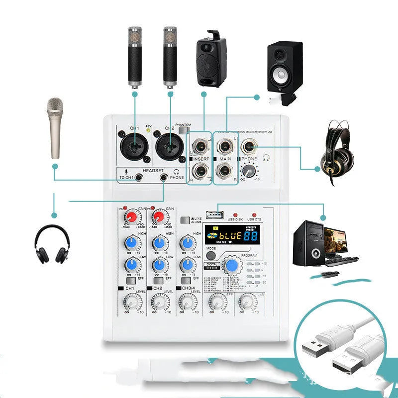 Mancheze4 Mini 4-channel Bluetooth mixer in white with metal body