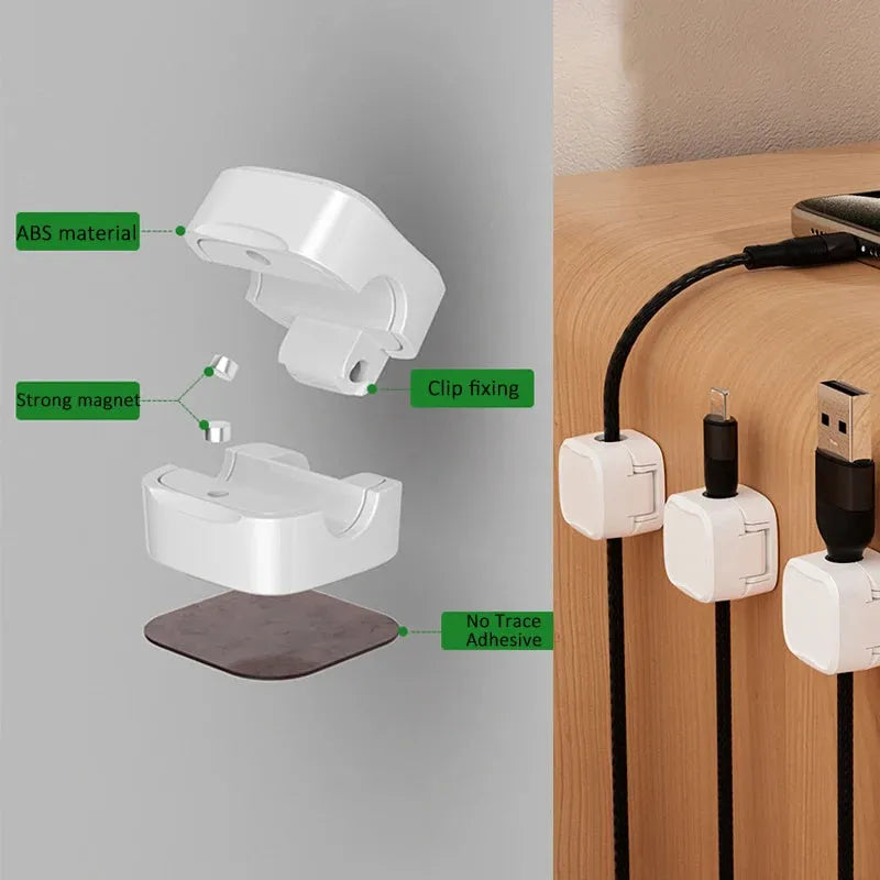 White and black magnetic cable clips for under desk cable management with 2kg capacity