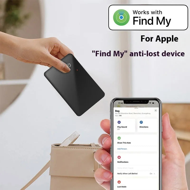 Black rectangular pet tracker card with hanging hole, showing NFC and wireless charging features