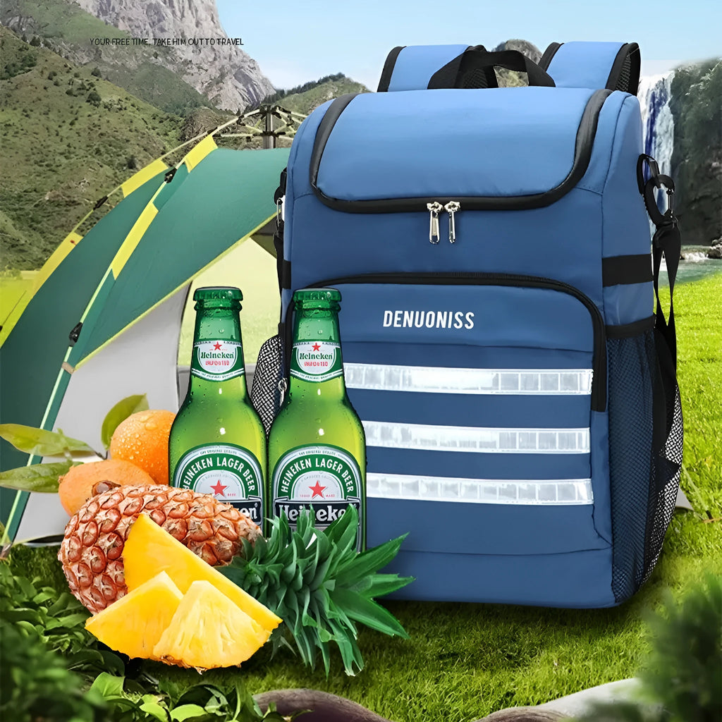 20 litre cloth backpack with bottle opener on shoulder strap in black, blue, pink, or red