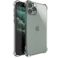 Transparent shockproof TPU phone case for Apple iPhone models on a white background.