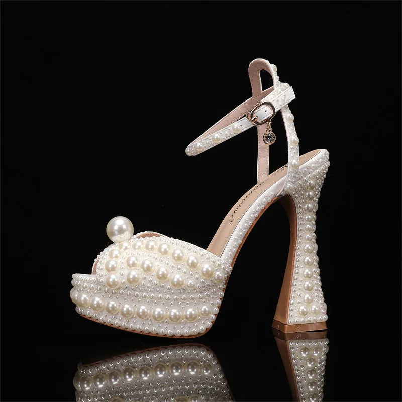 PU women's high heel stiletto pumps with rhinestone decoration, fish mouth toe, low top, and buckle closure in beige
