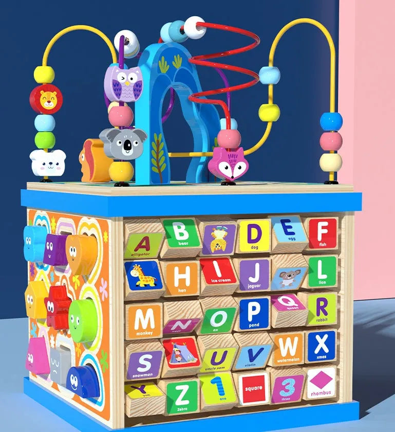 Blue wooden bead maze treasure box learning toy for babies and toddlers with multiple play scenes