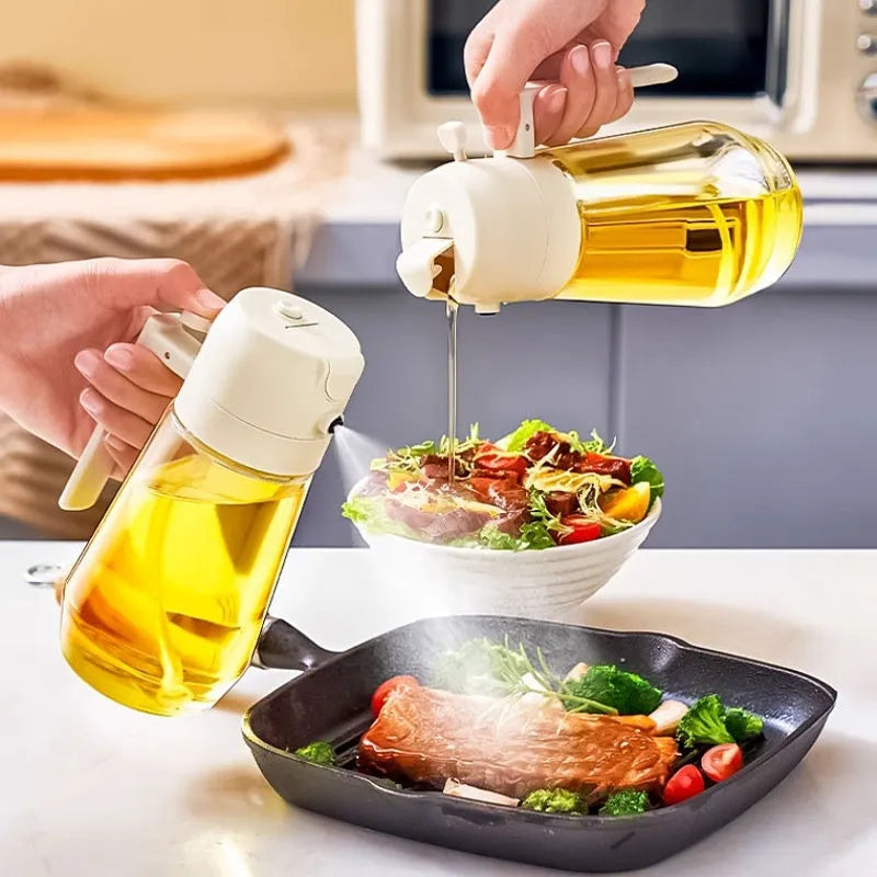 Glass olive oil sprayer dispenser with 470ml capacity and dual spray/pour function