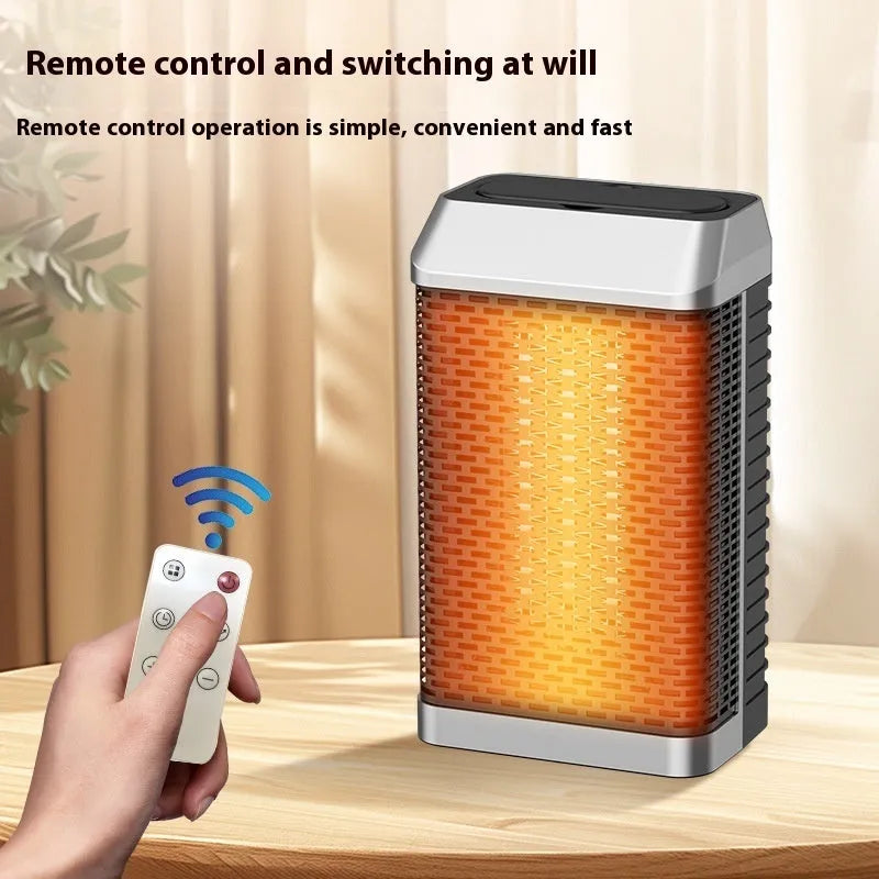 Black desktop electric heater with remote control on a wooden desk