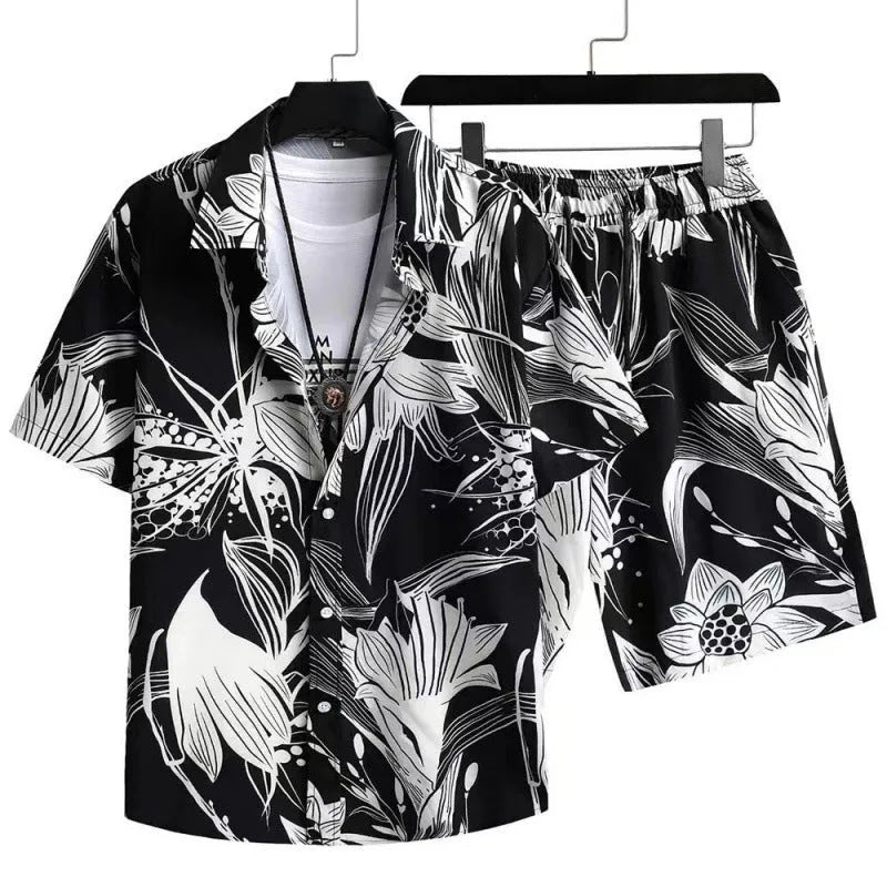Man wearing a digitally printed cardigan and shorts loungewear set in polyester.
