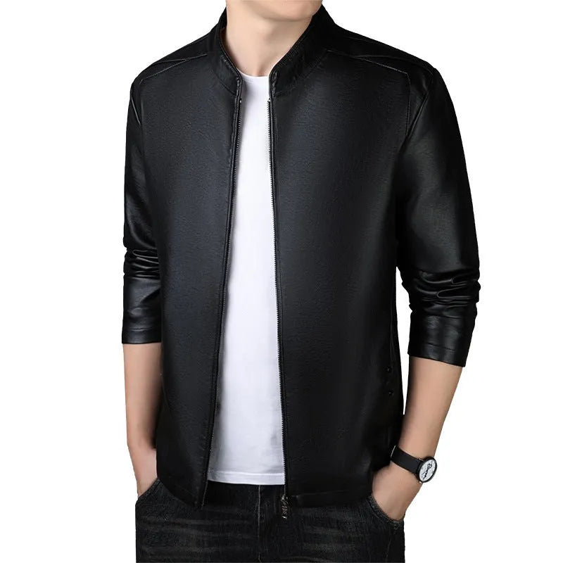 Men's PU leather jacket loose fit medium length 65cm black colour front view