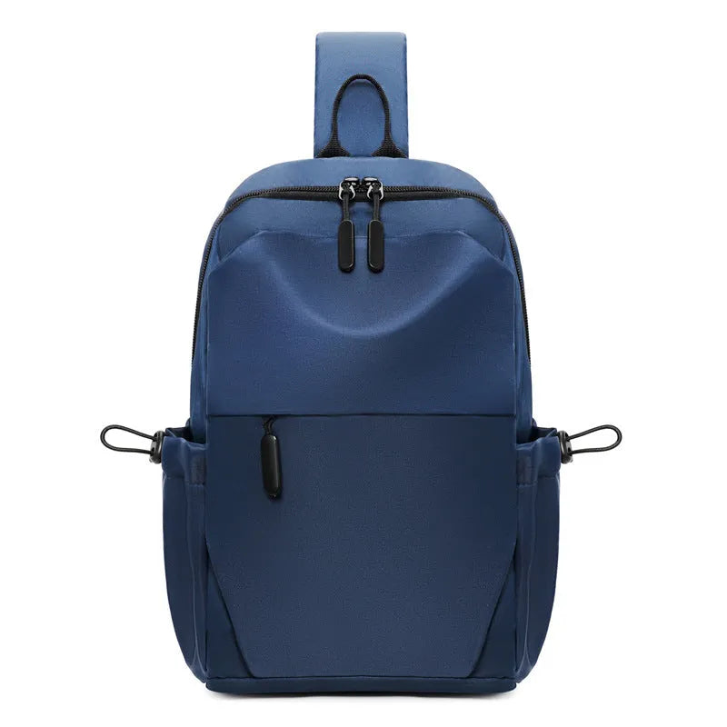 Grey waterproof polyester chest bag for men showing shoulder strap and main compartment