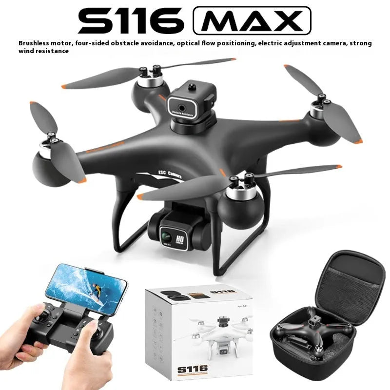 Black HD colour brushless UAV drone with four propellers, remote controller, and accessories on a white background.