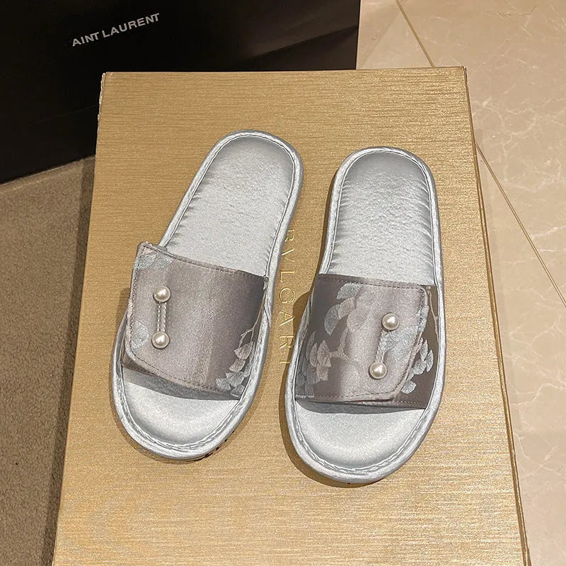 Casual soft bottom slippers in blue with non-slip TPR sole for women, side view