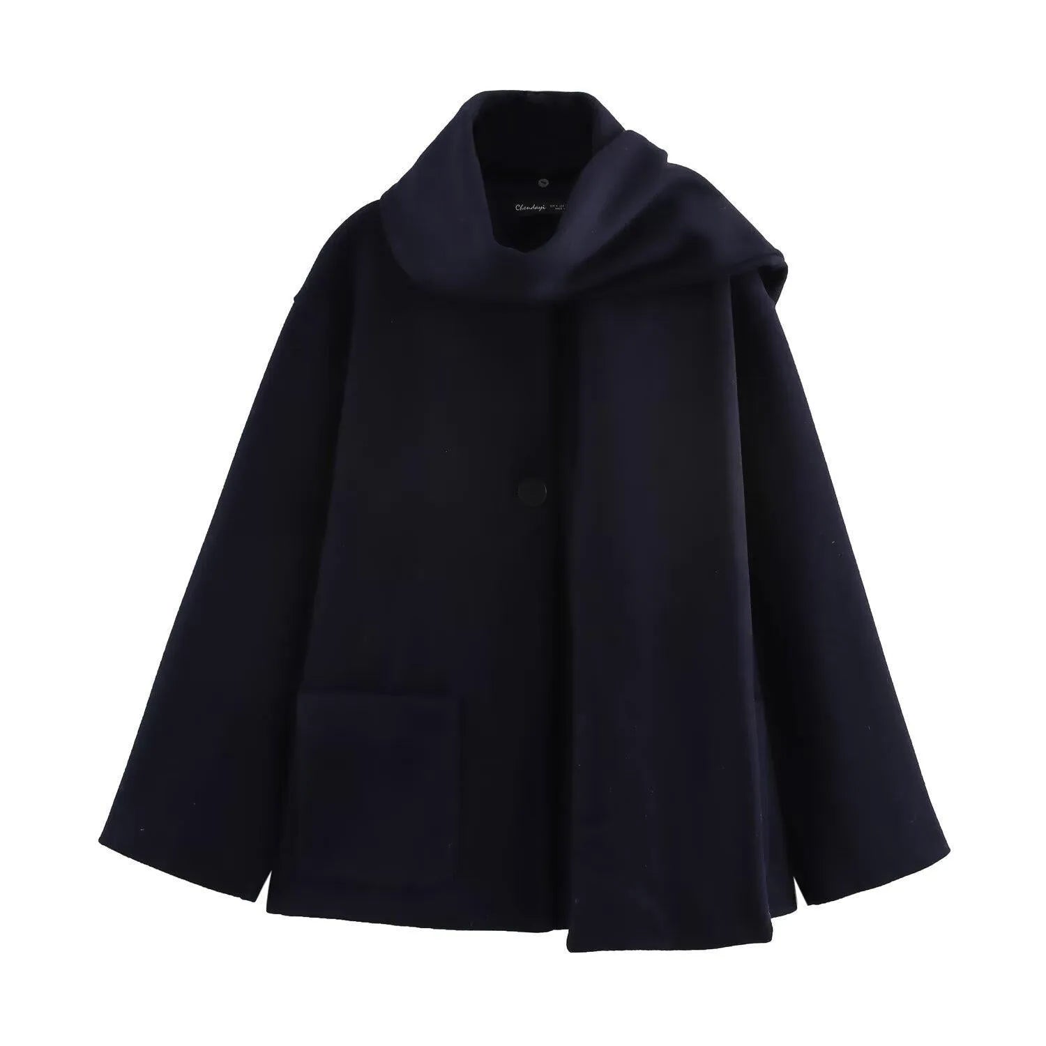 Women's long beige coat with a fluffy artificial fur collar and pockets.