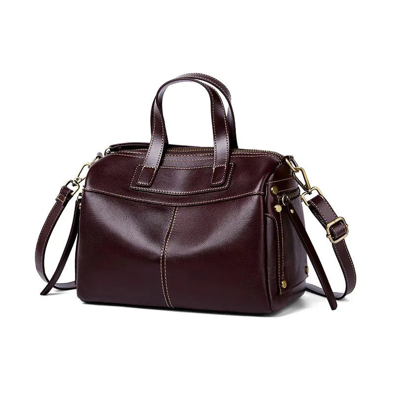 Large capacity first layer cowhide shoulder bag for middle-aged women, 27x16x19cm, horizontal square, zip compartments