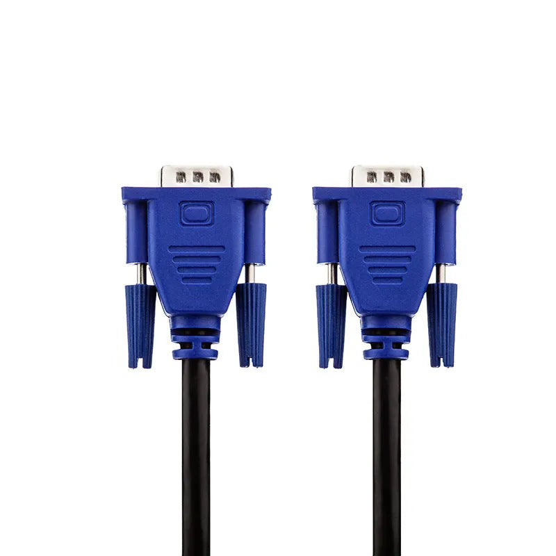 Black VGA cable with blue moulded head and nickel-plated terminals for computer to monitor connections