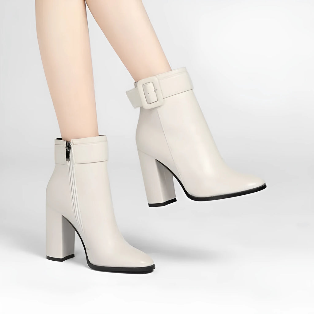 Soft leather women's boots with thick high heel in beige colour mid-tube style