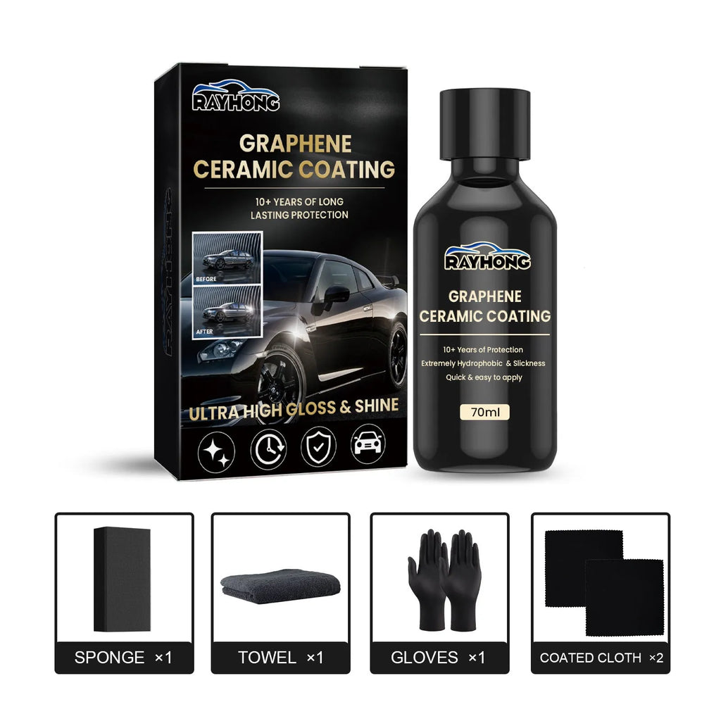 70ml graphene ceramic car coating kit with bottle, sponge, microfibre cloths, and gloves for paint protection.