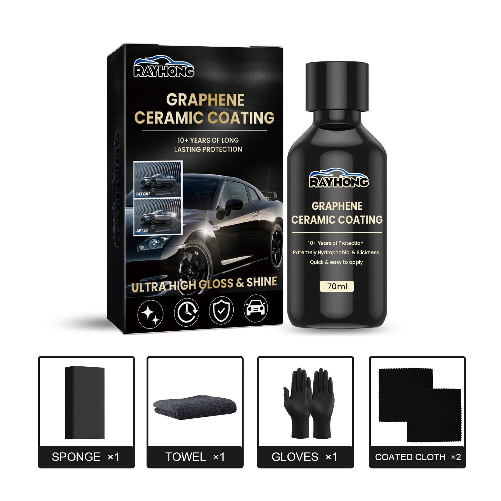 70ml graphene ceramic car coating kit with bottle, sponge, microfibre cloths, and gloves for paint protection.
