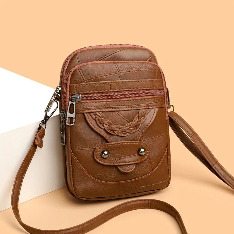 Soft PU leather retro mobile phone bag in square vertical design with woven accents and rivets