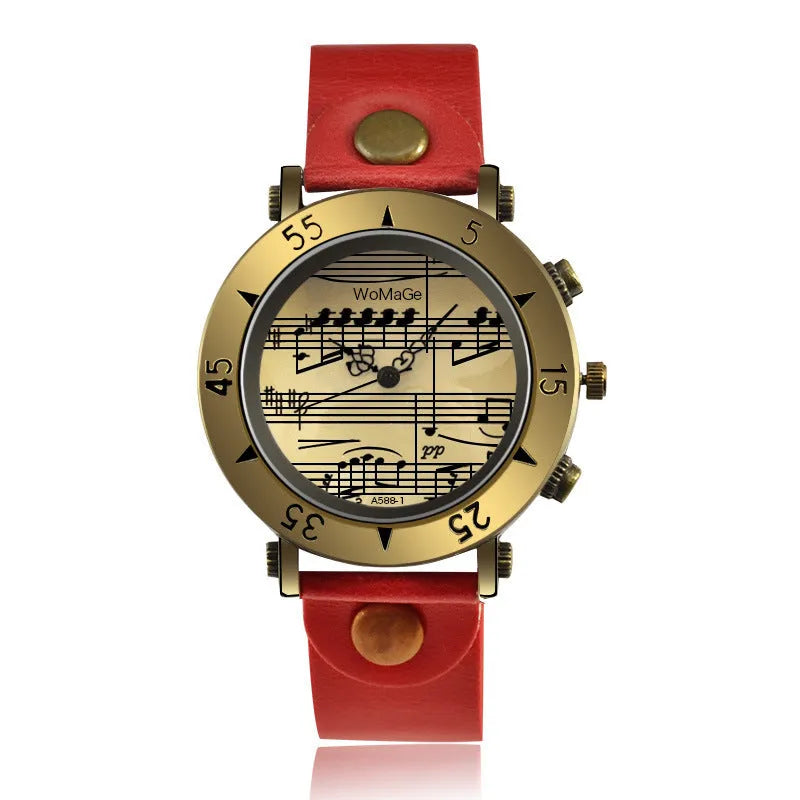 Men's music symbol watch showing design detail and colour options including red, black, brown, white, blue, orange, pink, green, and khaki