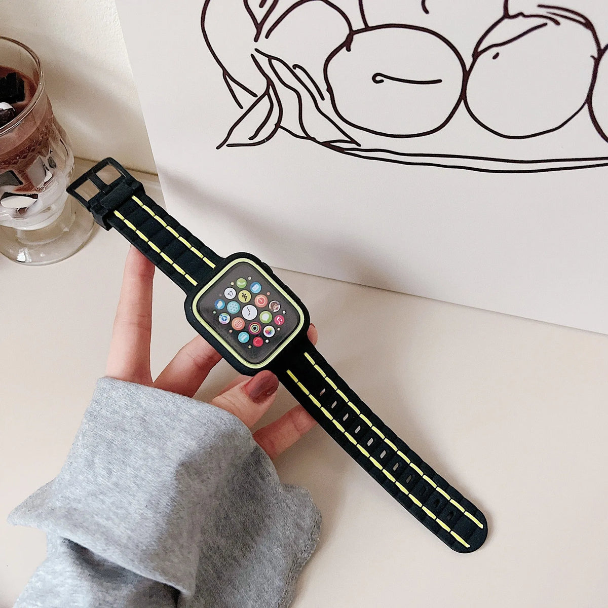 Silicone Apple Watch strap set with hard PC bumper case in pink and black, multiple sizes available